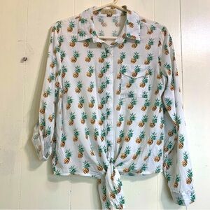 Love Notes White Pineapples Shirt Long Sleeve Button Down Shirt Top Size Large.